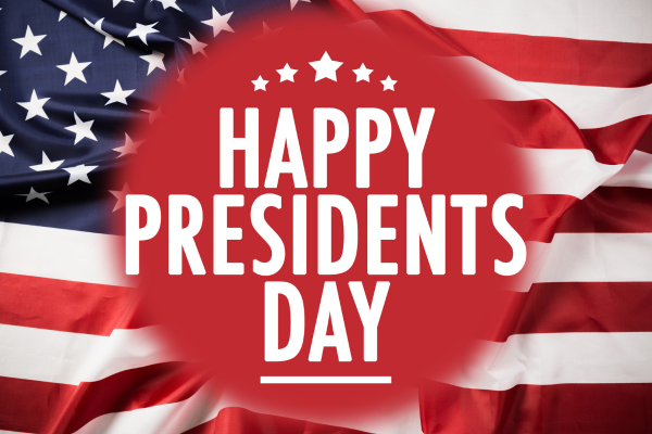 usa flag background; happy presidents day overtop in center of red circle