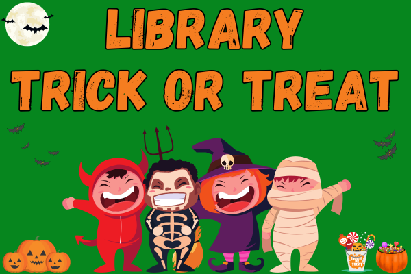 library trick or treat; children in costumes