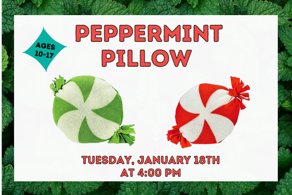 Text that says "Peppermint Pillow" with a picture of a two stuffed pillows that look like peppermint candy