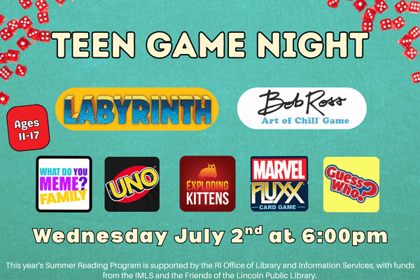 red dice are spilled on teal velvet next to pictures of six board game logos. "Teen Game Night. Wednesday, July 2nd at 6pm"