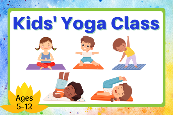 kids' yoga class; ages 5-12; children in different yoga poses